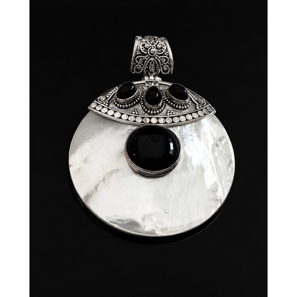 Merav Sterling Silver MOP Black Onyx Large Pendant Indonesia 925 Vintage